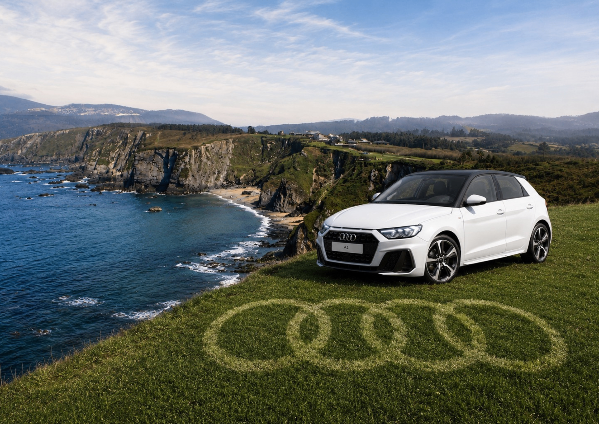 Audi A1 blanco en el acantilado de la costa gallega